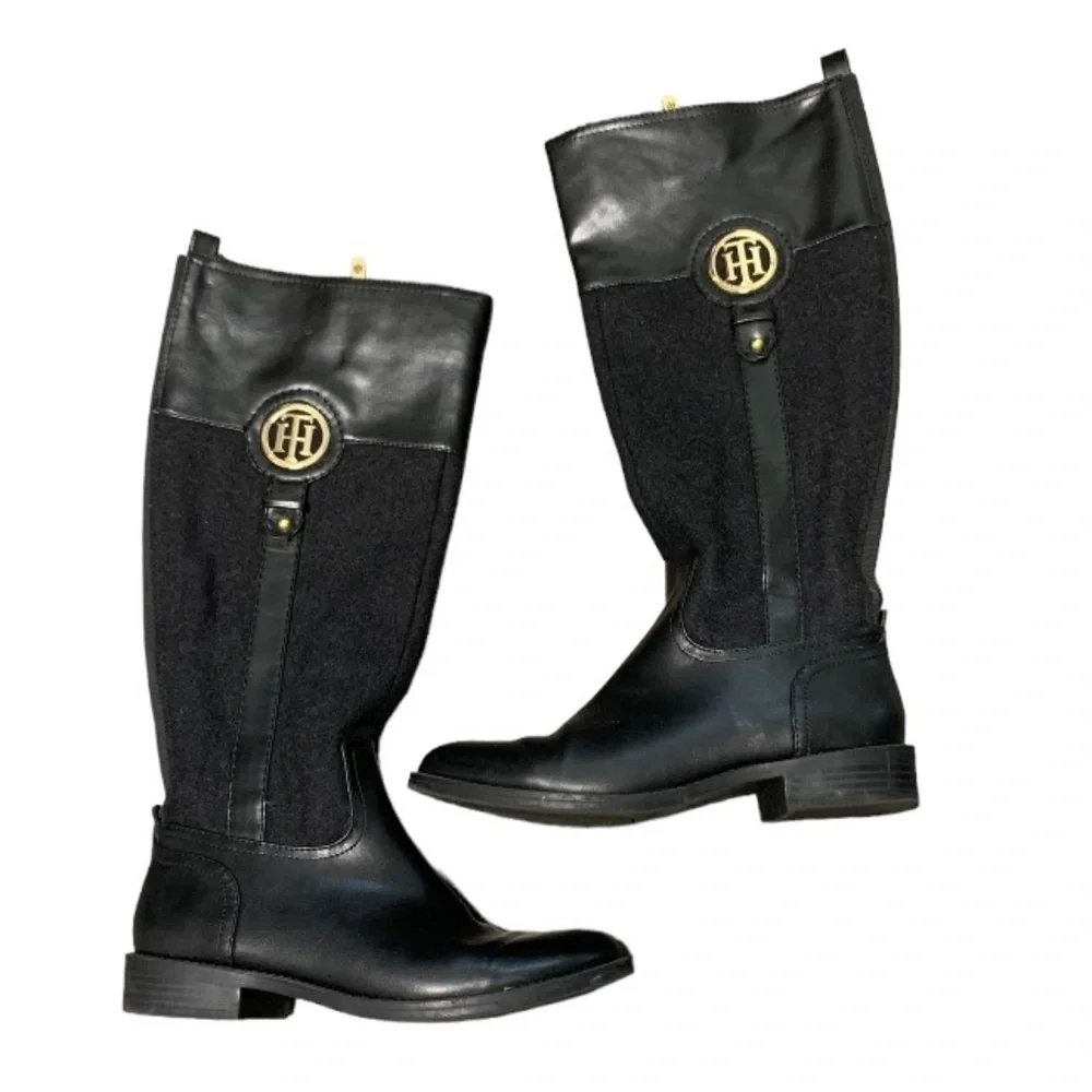 Tommy Hilfiger Riding Style Boots Black Faux Leather and Wool.  Sz 7.   EUC!